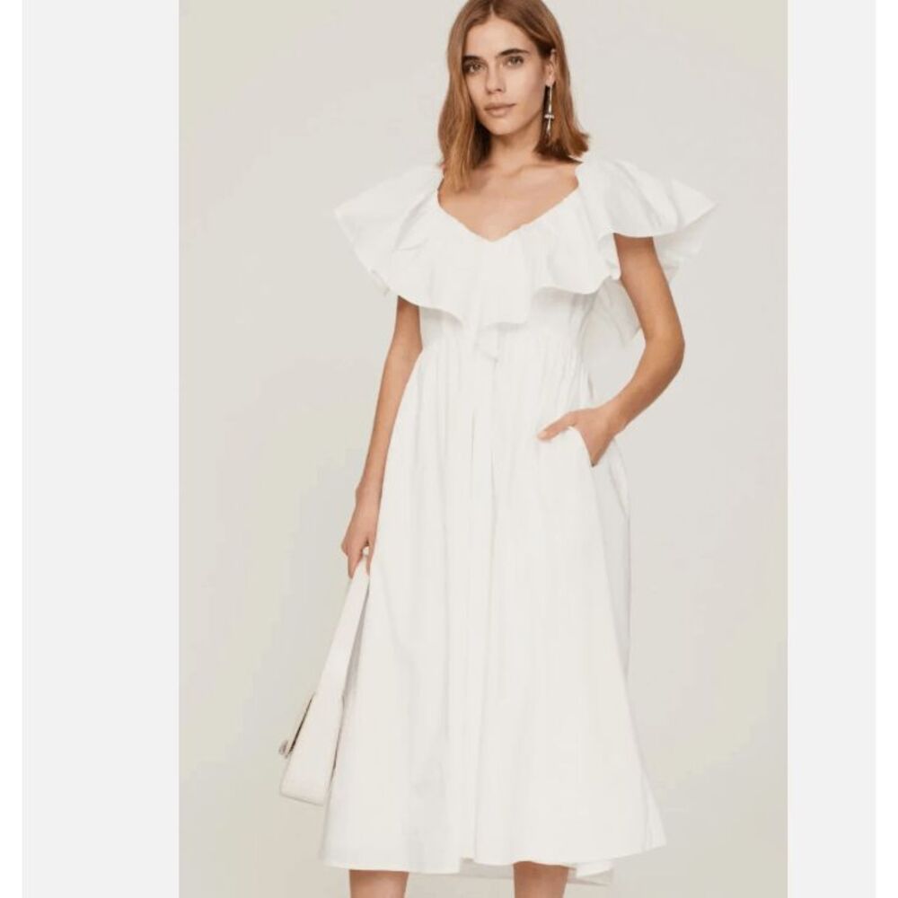 Adam Lippes Collective White Cotton Midi Dress‎ Ruffle On / Off Shoulder Size 6
